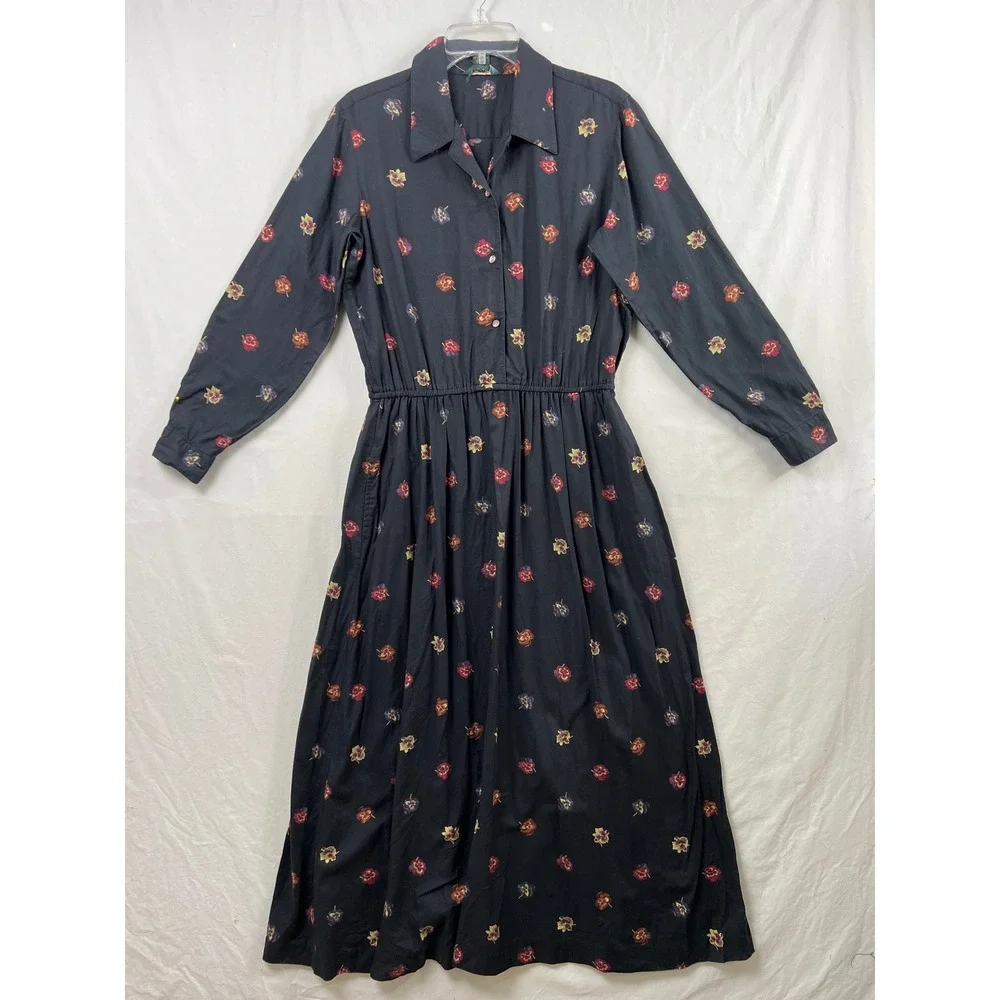 J.Crew Shirt Dress Women 14 Black Floral Long Sleeve Cotton Midi Elastic Waist
